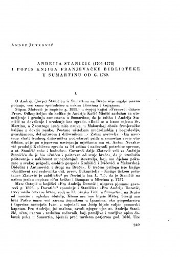 Andrija Staničić (1706-1778) i popis knjiga franjevačke biblioteke u Sumartinu od g. 1769. / Andre Jutronić