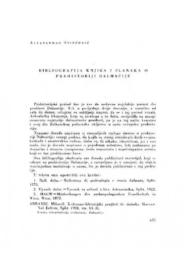 Bibliografija knjiga i članaka o prahistoriji Dalmacije / Aleksandar Stipčević