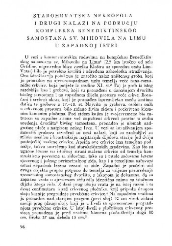 Starohrvatska nekropola i drugi nalazi na području kompleksa benediktinskog samostana Sv. Mihovila na Limu u zapadnoj Istri / Ante Šonje
