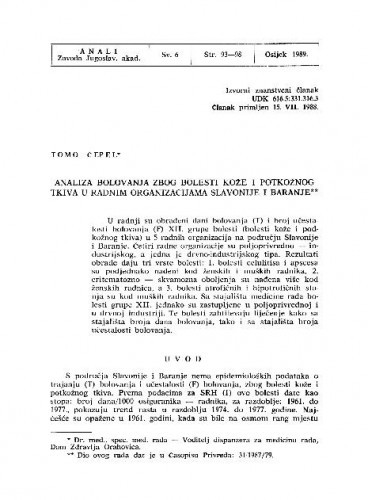 Analiza bolovanja zbog bolesti kože i potkožnog tkiva u radnim organizacijama Slavonije i Baranje / Tomo Čepel