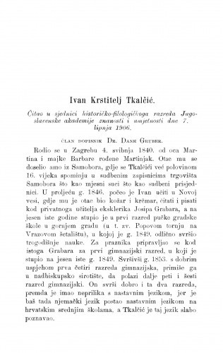 Ivan Krstitelj Tkalčić : [Nekrolog.] / D. Gruber