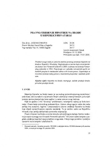 Pravno uređenje hipoteke na brodu u Republici Hrvatskoj / Jasenko Marin