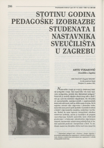 Stotinu godina pedagoške izobrazbe studenata i nastavnika Sveučilišta u Zagrebu / Ante Vukasović