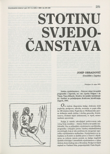 Stotinu svjedočanstava : potresni iskazi hrvatskih prognanika i logoraša, Zagreb, 1993. / Josip Obradović