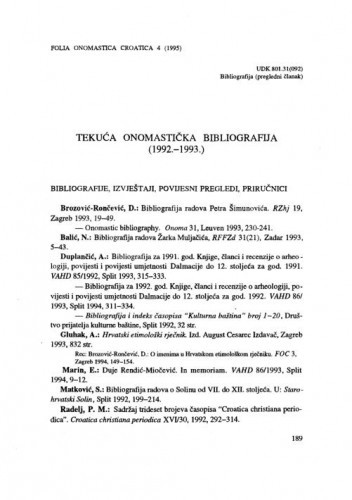 Tekuća onomastička bibliografija (1992.-1993.) / Dunja Brozović-Rončević