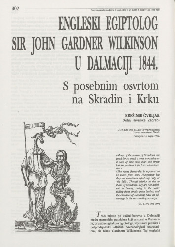 Engleski egiptolog sir John Gardner Wilkinson u Dalmaciji 1844. : s posebnim osvrtom na Skradin i Krku / Krešimir Čvrljak