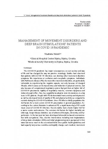 Management of movement disorders and deep brain stimulations’ patients in Covid 19 pandemic / Vladimira Vuletić