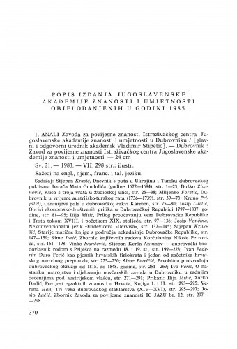 Popis izdanja Jugoslavenske akademije  znanosti i umjetnosti  objelodanjenih u godini 1985