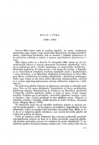 Milo Cipra (1906-1985) : [nekrolozi] / Ivan Supičić