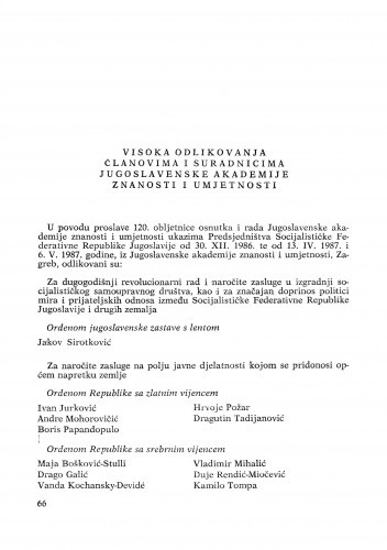 Visoka odlikovanja članovima i suradnicima Jugoslavenske akademije znanosti i umjetnosti