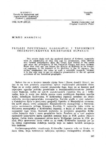 Prilozi povijesnoj geografiji i toponimiji srednjovjekovne Križevačke županije / Mirko Marković