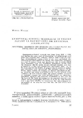 Kvartarni sisavci (Mammalia) iz Velike pećine na Ravnoj gori (SR Hrvatska, Jugoslavija) / Mirko Malez