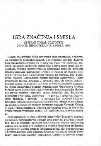 Igra značenja i smisla : Stjepan Tomaš: Zlatousti. Znanje, Biblioteka Hit, Zagreb, 1993. / Antun Pavešković 