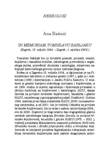 In memoriam Tomislavu Sabljaku : (Zagreb, 15. veljače 1934. - Zagreb, 1. siječnja 2026.) / Ana Batinić