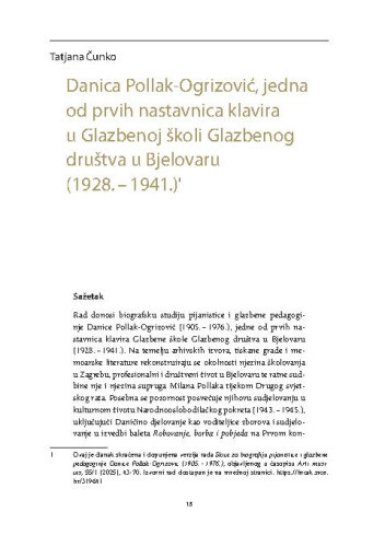 Danica Pollak-Ogrizović, jedna od prvih nastavnica klavira u Glazbenoj školi Glazbenog društva u Bjelovaru (1928. – 1941.) / Tatjana Čunko