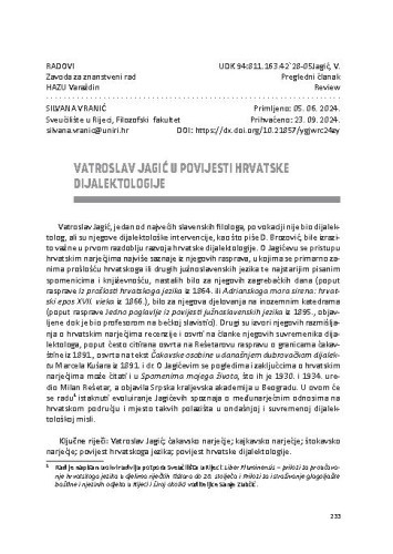 Vatroslav Jagić u povijesti hrvatske dijalektologije / Silvana Vranić