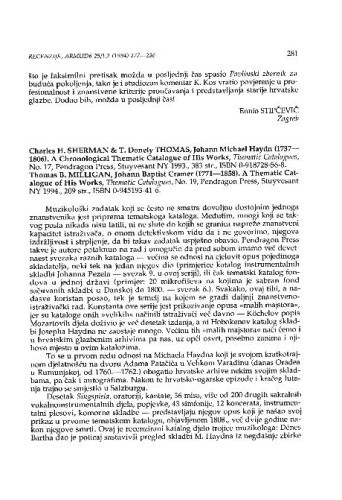 Sherman, Charles H.; Thomas, T. Donely: Johann Michael Haydn (1737-1806) : a cronological thematic catalogue of his works, Styvesant NY, 1993.; Milligan, Thomas B.:  Johann Baptist Cramer (1771-1858) : a thematic catalogue of his works, Styvesant NY, 1994. / Vjera Katalinić