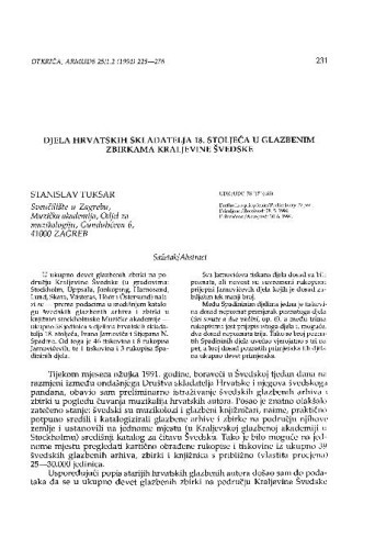 Djela hrvatskih skladatelja 18. stoljeća u glazbenim zbirkama Kraljevine Švedske / Stanislav Tuksar