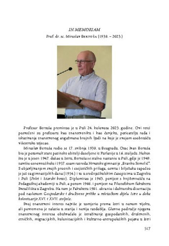 In memoriam: Prof. dr. sc. Miroslav Bertoša (1938. – 2023.) / Lovorka Čoralić