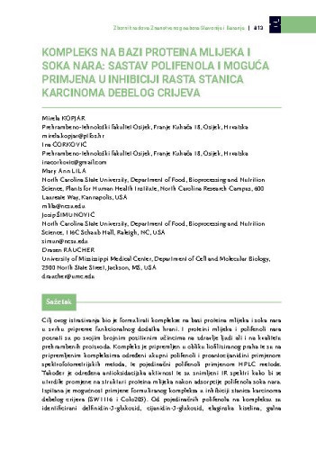 Kompleks na bazi proteina mlijeka i soka nara : sastav polifenola i moguća primjena u inhibiciji rasta stanica karcinoma debelog crijeva / Mirela Kopjar, Ina Ćorković, Mary Ann Lila, Josip Šimunović, Drazen Raucher