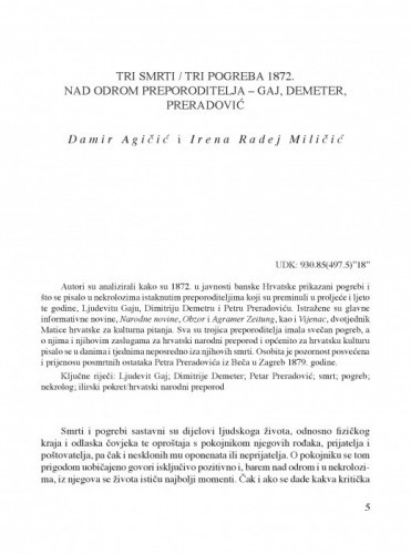 Tri smrti / tri pogreba 1872. Nad odrom preporoditelja – Gaj, Demeter, Preradović / Damir Agičić, Irena Radej Miličić