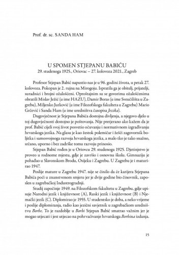 U spomen Stjepanu Babiću : 29. studenoga 1925., Oriovac - 27. kolovoza 2021., Zagreb / Sanda Ham
