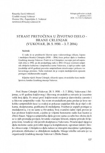 Strast pretočena u životno djelo – Brane Crlenjak (Vukovar, 28. 05. 1930. - 03. 07. 2014.) / Rosanka Savić-Mitrović
