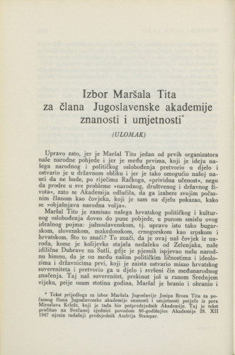 Izbor Maršala Tita za člana Jugoslavenske akademije znanosti i umjetnosti / M. Krleža