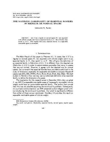 The maximum cardinality of essential families in regular or normal spaces / Leonard R. Rubin