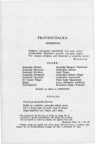 Provincijalka : (komedija) / W. Wycherley ; preveo Luko Paljetak