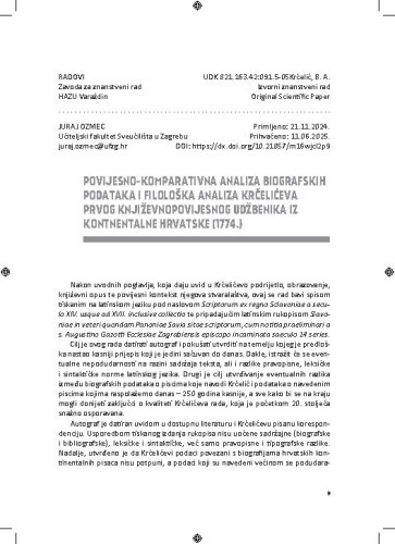 Povijesno-komparativna analiza biografskih podataka i filološka analiza Krčelićeva prvog književnopovijesnog udžbenika iz kontinentalne Hrvatske (1774.) / Juraj Ozmec