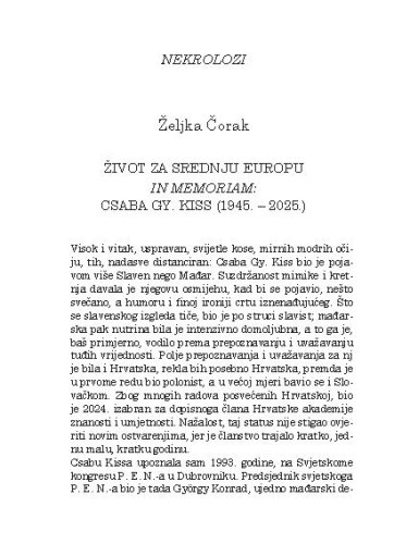 Život za srednju Europu : in memoriam: Csaba Gy. Kiss (1945. - 2025.) / Željka Čorak