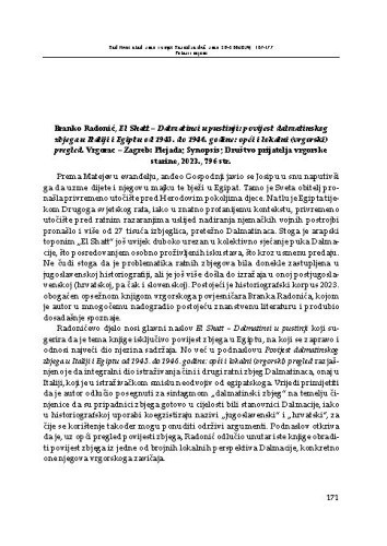 Branko Radonić, El Shatt – Dalmatinci u pustinji: povijest dalmatinskog zbjega u Italiji i Egiptu od 1943. do 1946. godine: opći i lokalni (vrgorski) pregled. Vrgorac – Zagreb: Plejada; Synopsis; Društvo prijatelja vrgorske starine, 2023. : prikaz / Jure Trutanić