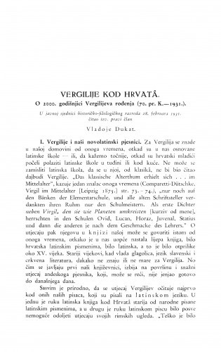 Vergilije kod Hrvata : o 2000. godišnjici Vergilijeva rođenja : (70. pr. K. - 1931.) / V. Dukat