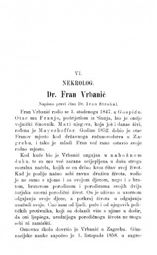 Dr. Fran Vrbanić : [Nekrolog.] / I. Strohal