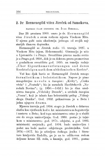 Dr. Hermenegild vitez Jireček od Samokova : [nekrolog] / I. Strohal