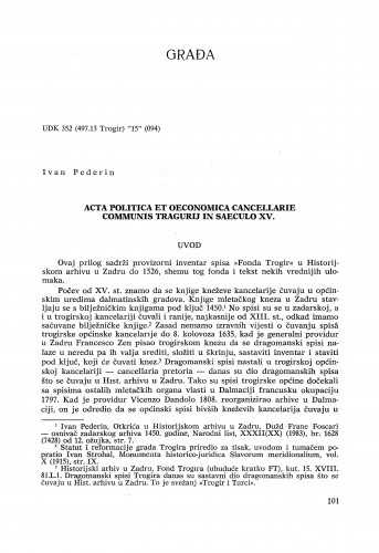 Acta politica et oeconomica cancellarie communis Tragurii in saeculo XV. / Ivan Pederin