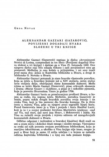Aleksandar Gazzari (Gazarović), povijesni događaji Hvara složeni u tri knjige / Grga Novak