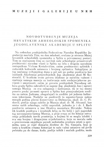 Novootvorenje Muzeja hrvatskih arheoloških spomenika Jugoslavenske akademije u Splitu / Red.