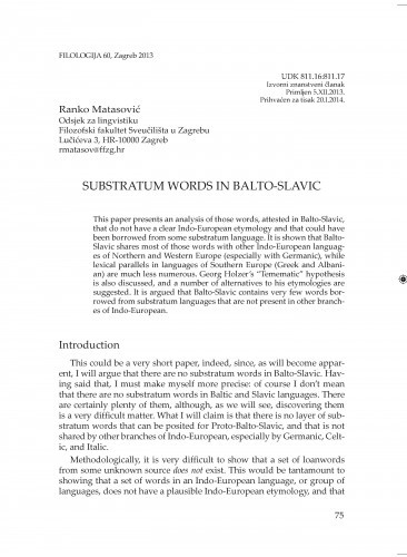 Substratum words in Balto-Slavic / Ranko Matasović