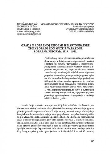 Građa o agrarnoj reformi iz Kartografske zbirke Gradskog muzeja Varaždin. Agrarna reforma 1919. – 1931. / Nataša Mihinjač, Spomenka Težak