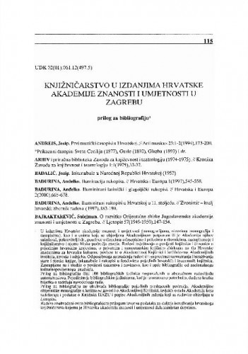 Knjižničarstvo u izdanjima Hrvatske akademije znanosti i umjetnosti u Zagrebu (prilog za bibliografiju) / Jelica Leščić