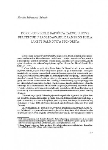 Doprinos Nikole Batušića razvoju nove percepcije u sagledavanju dramskog djela Jakete Palmotića Dionorića / Hrvojka Mihanović-Salopek