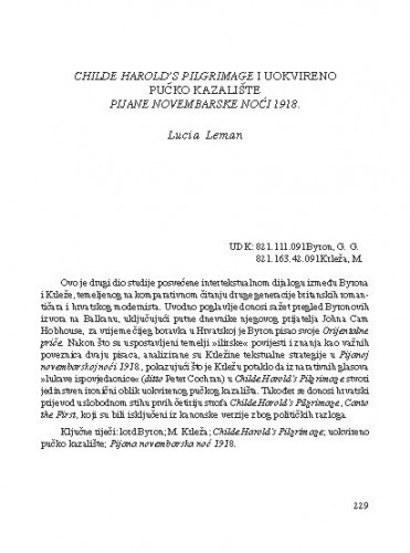 Childe Harold's Pilgrimage i uokvireno pučko kazalište. Pijane novembarske noći 1918. / Lucia Leman