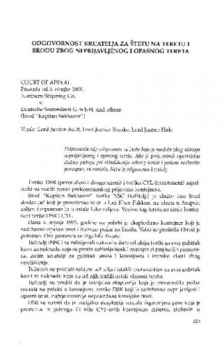 Odgovornost krcatelja za štetu na teretu i brodu zbog neprijavljenog i opasnog tereta : [prikaz presude] / Dino Pinjo