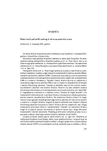 Redovita skupština Hrvatskog društva za pomorsko pravo, Dubrovnik, 2. listopada 2003. godine : [izvješće] / Vesna Skorupan