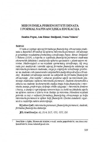 Mirovinska pismenost studenata i formalna financijska edukacija / Sandra Pepur, Ana Rimac Smiljanić, Ivana Vukava