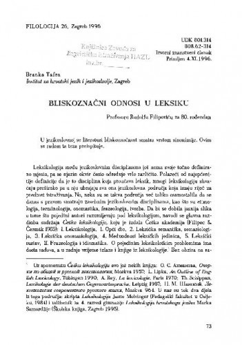 Bliskoznačni odnosi u leksiku / Branka Tafra