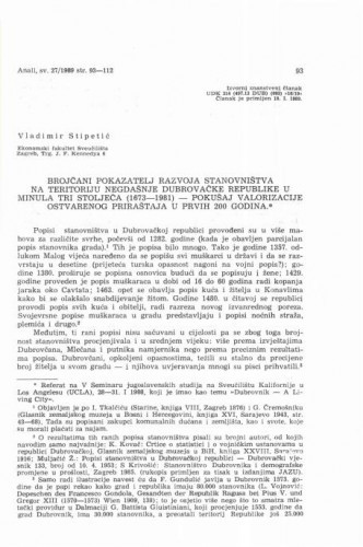 Brojčani pokazatelji razvoja stanovništva na teritoriju negdašnje Dubrovačke Republike u minula tri stoljeća : (1673-1981) / Vladimir Stipetić