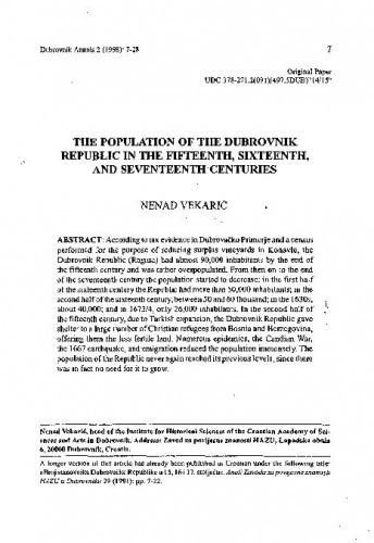 The population of the Dubrovnik Republic in the fifteenth, sixteenth and seventeenth century / Nenad Vekarić